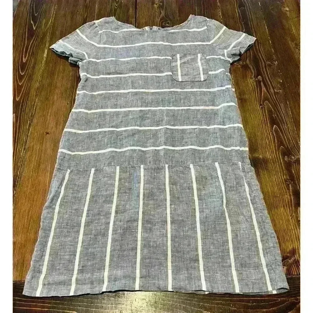 Lou & Grey Sz Small 100% Linen Shift Dress Short Sleeve Blue White Striped